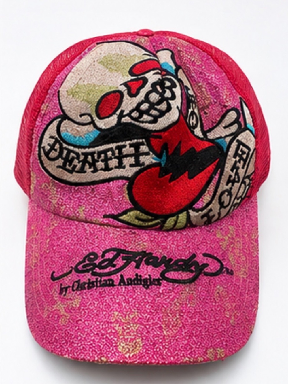 RARE Vintage Y2K Ed Hardy Hot Pink Glitter Skull & Heart Trucker Hat Authentic